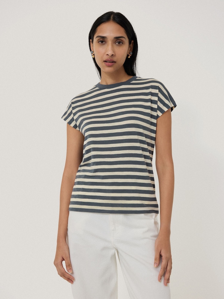 Jigsaw Grey 100% Cotton Slub Stripe Cap Top - Image 1 of 5 Jigsaw Grey 100% Cotton Slub Stripe Cap Top - Image 1 of 5