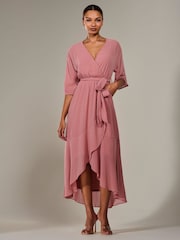 Jolie Moi Pink Wrap Tie Front Midi Dress - Image 1 of 6