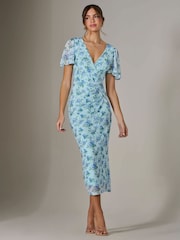 Jolie Moi Blue Mesh Short Sleeve Midi Dress - Image 1 of 6