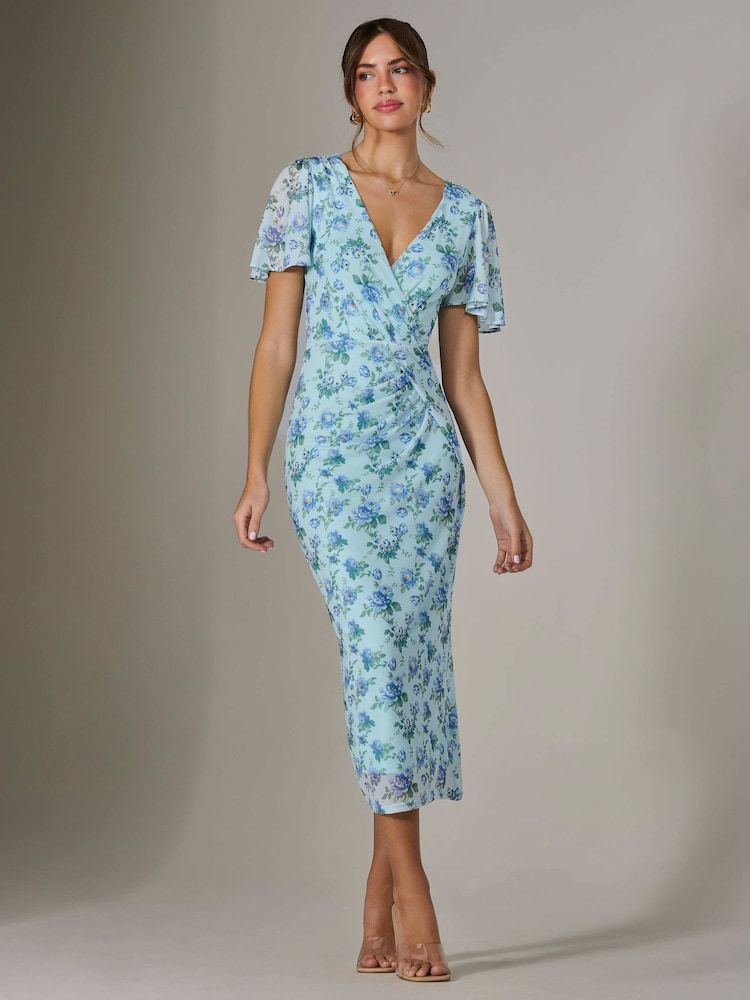 Jolie Moi Blue Mesh Short Sleeve Midi Dress - Image 1 of 6