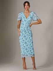 Jolie Moi Blue Mesh Short Sleeve Midi Dress - Image 4 of 6