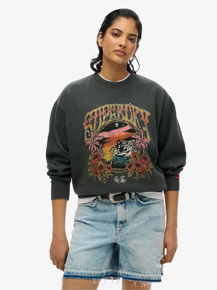 Superdry Black Psych Surf Loose Crew 100% Cotton Sweatshirt - Image 1 of 5