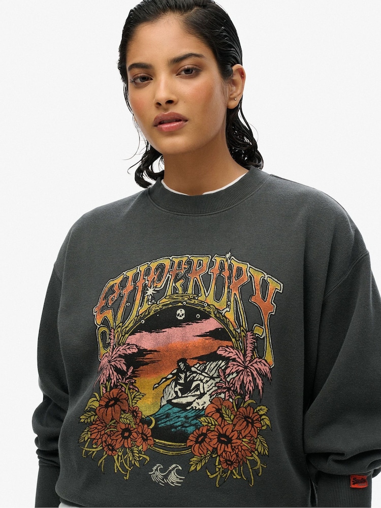 Superdry Black Psych Surf Loose Crew 100% Cotton Sweatshirt - Image 5 of 5