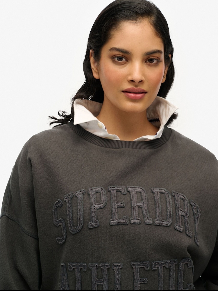 Superdry Grey Athletic Essentials Tonal Applique Crew 100% Cotton Sweatshirt - Image 4 of 6