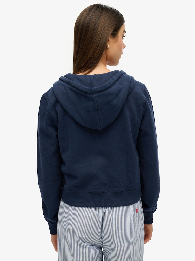 Superdry Blue Athletic Essentials Tonal Cropped Zip 100% Cotton Hoodie - Image 2 of 6