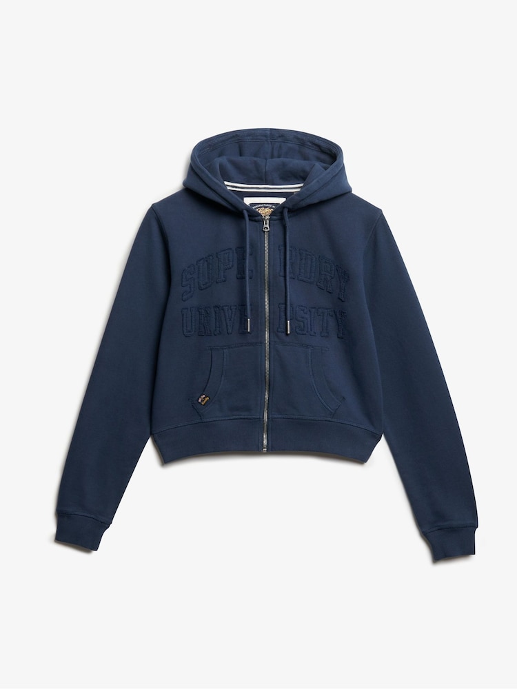 Superdry Blue Athletic Essentials Tonal Cropped Zip 100% Cotton Hoodie - Image 5 of 6