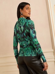 Love & Roses Green Printed Long Sleeve Mesh Top - Image 4 of 4
