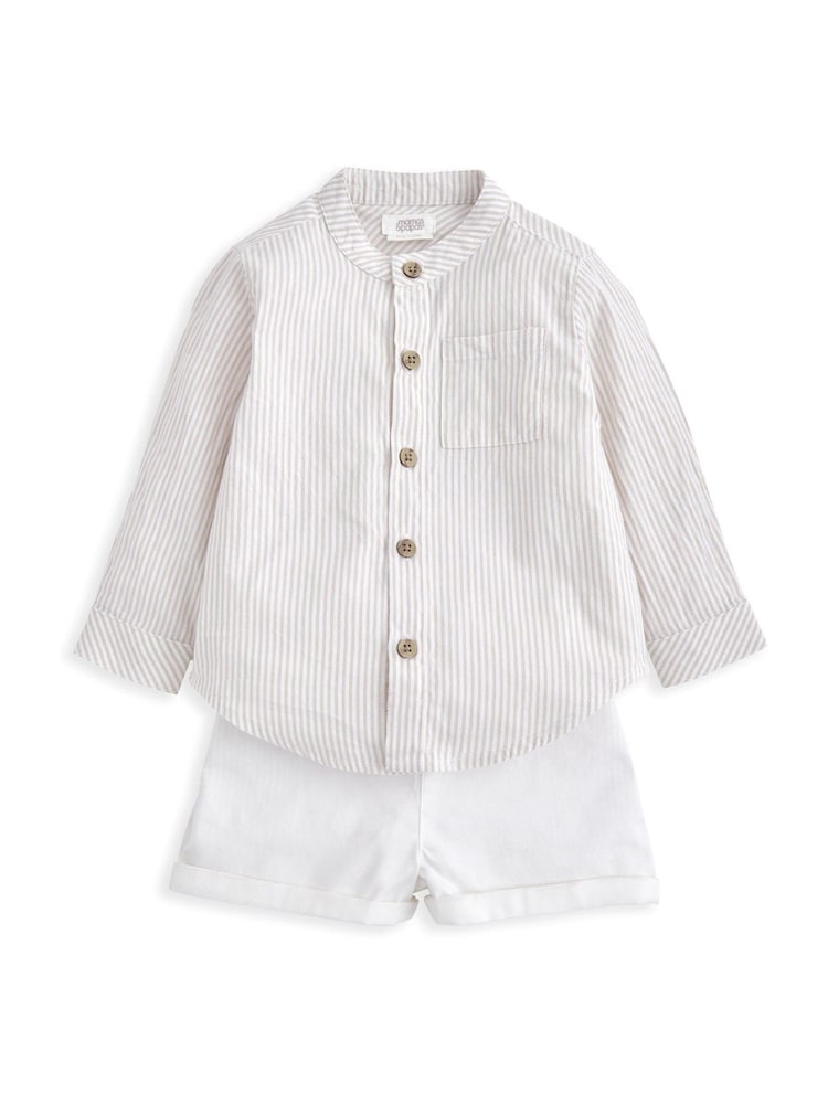 Mamas & Papas Grandad Collar 100% Cotton Brown Shirt & Shorts Set - Image 1 of 4 Mamas & Papas Grandad Collar 100% Cotton Brown Shirt & Shorts Set - Image 1 of 4