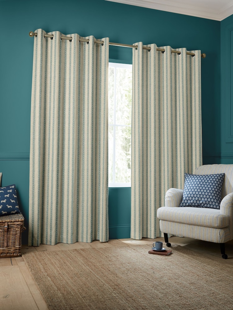 Emily Bond Blue/Green Block Printed Stripe Made to Measure Curtains - Image 2 of 8
