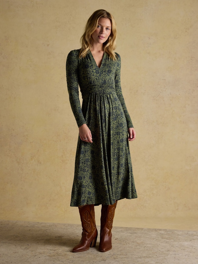 Joules Mina Khaki Green Jersey Ruched Waist Dress - Image 1 of 7 Joules Mina Khaki Green Jersey Ruched Waist Dress - Image 1 of 7