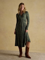 Joules Mina Khaki Green Jersey Ruched Waist Dress - Image 4 of 7