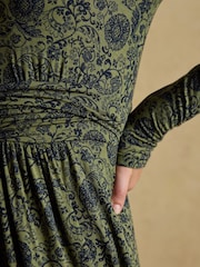 Joules Mina Khaki Green Jersey Ruched Waist Dress - Image 5 of 7