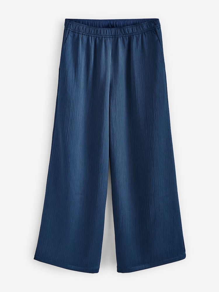 Navy Blue Plisse Pull On Trousers - Image 1 of 2