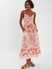 Accessorize Cream Palm Print Tie-Front Midi 100% Cotton Sundress - Image 1 of 4
