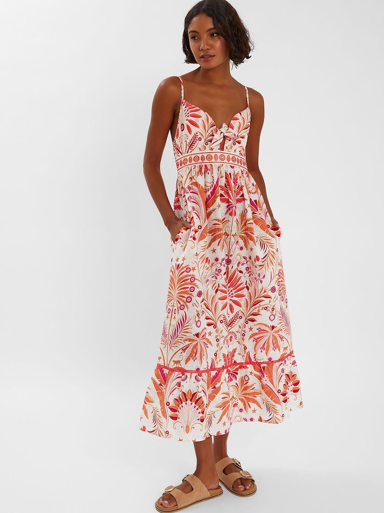 Accessorize Cream Palm Print Tie-Front Midi 100% Cotton Sundress - Image 1 of 4