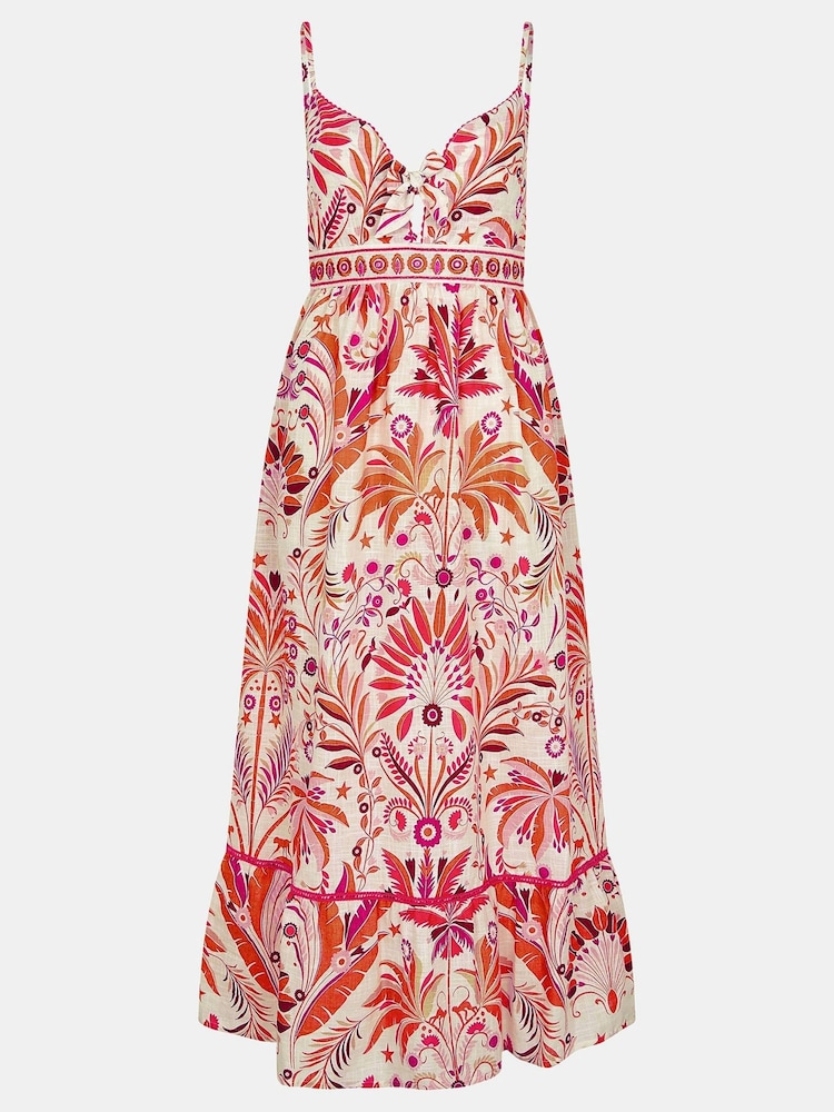Accessorize Cream Palm Print Tie-Front Midi 100% Cotton Sundress - Image 4 of 4