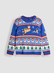 JoJo Maman Bébé Cobalt Blue Santa & Rocket Christmas Fair Isle Jumper - Image 1 of 3