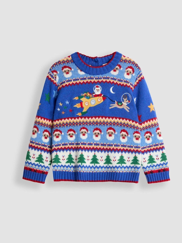 JoJo Maman Bébé Cobalt Blue Santa & Rocket Christmas Fair Isle Jumper - Image 1 of 3