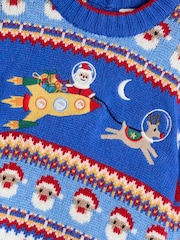 JoJo Maman Bébé Cobalt Blue Santa & Rocket Christmas Fair Isle Jumper - Image 2 of 3
