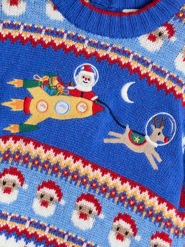 JoJo Maman Bébé Cobalt Blue Santa & Rocket Christmas Fair Isle Jumper - Image 2 of 3
