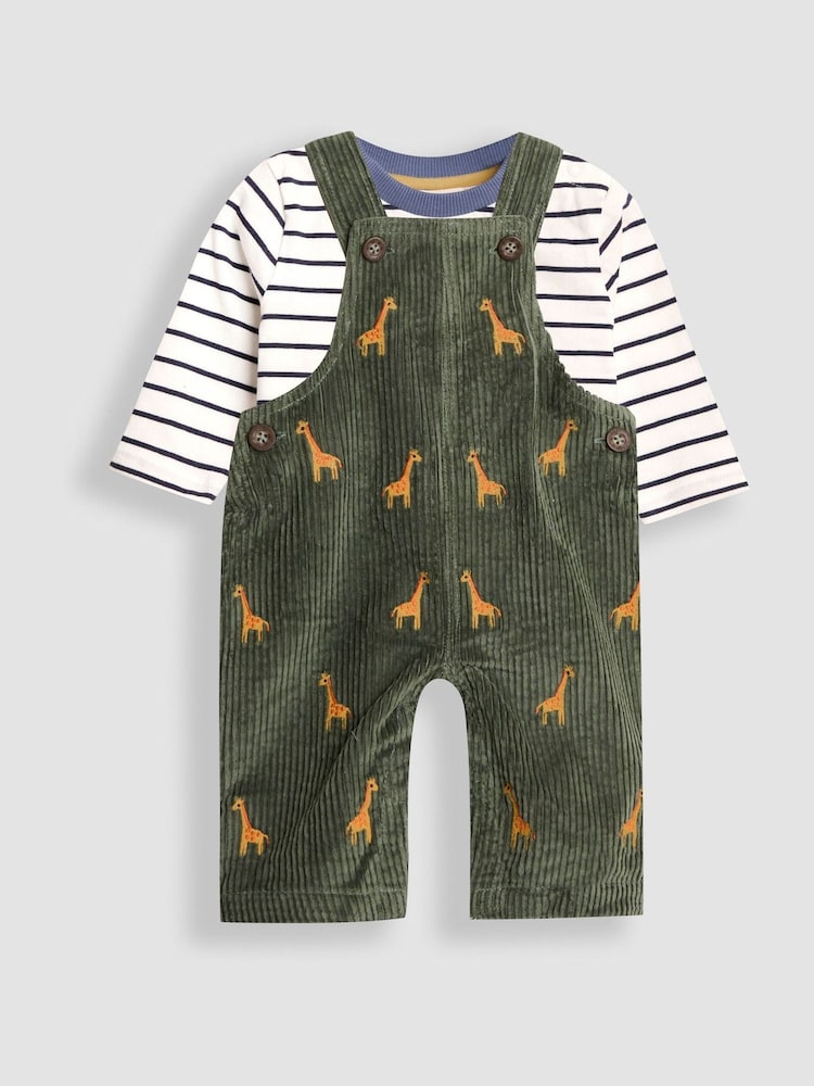 JoJo Maman Bébé Khaki Green Giraffe 2-Piece Embroidered Cord Dungarees & Top Set - Image 1 of 5