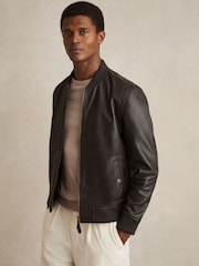 Reiss Brown Cast Leather Bomber Jacket - Image 1 of 6