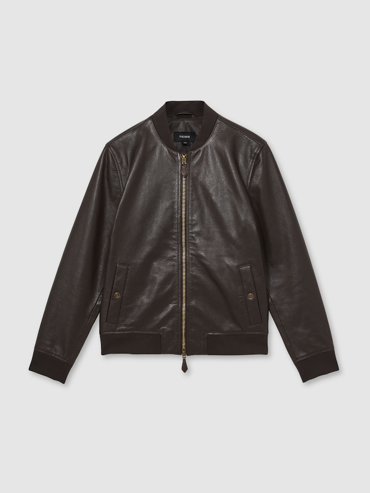 Reiss Brown Cast Leather Bomber Jacket - Image 2 of 6