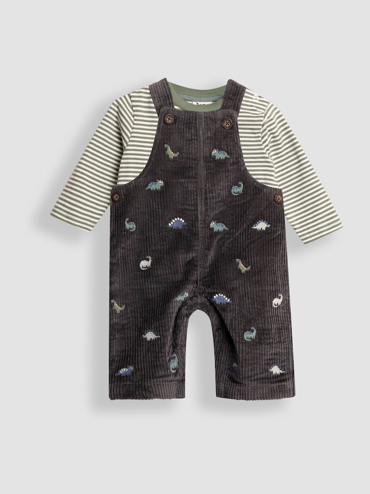 JoJo Maman Bébé Charcoal Grey Dino 2-Piece Embroidered Cord Dungarees & Top Set - Image 1 of 5