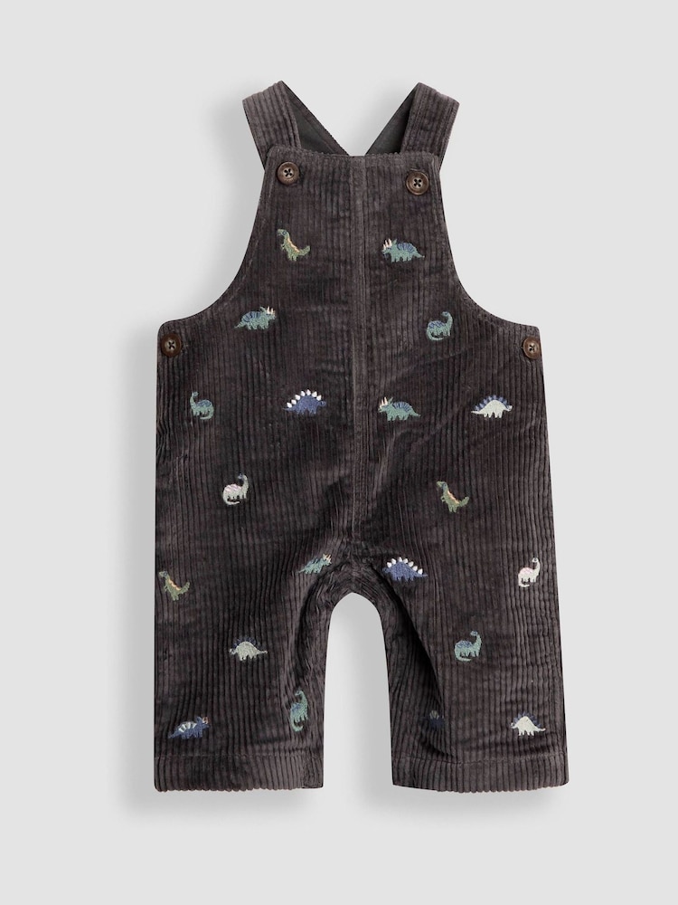 JoJo Maman Bébé Charcoal Grey Dino 2-Piece Embroidered Cord Dungarees & Top Set - Image 2 of 5