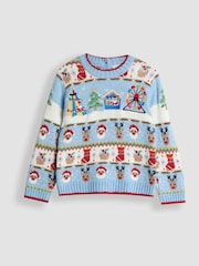 JoJo Maman Bébé Blue Fair Ground Christmas Fair Isle Jumper - Image 1 of 3