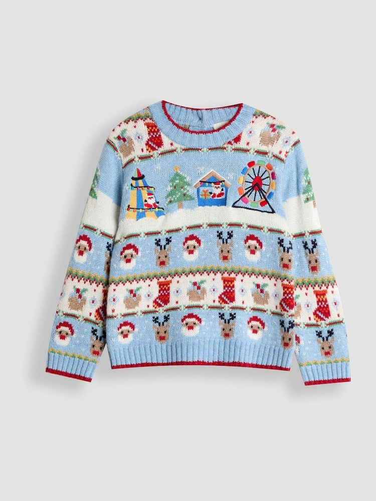 JoJo Maman Bébé Blue Fair Ground Christmas Fair Isle Jumper - Image 1 of 3