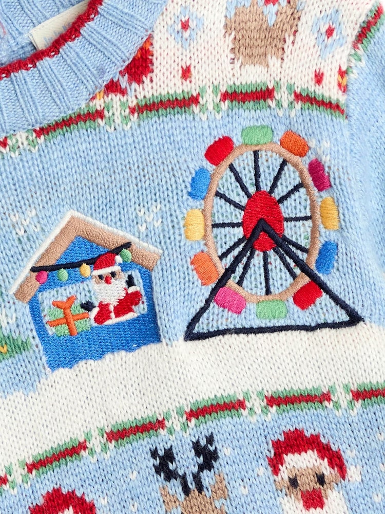 JoJo Maman Bébé Blue Fair Ground Christmas Fair Isle Jumper - Image 2 of 3