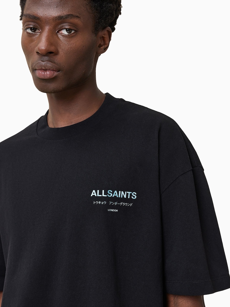 AllSaints Black Dark Underground Oversized Cotton Crew Neck T-Shirt - Image 4 of 7