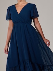 Jolie Moi Dark Navy Petite Petite Long Sleeve Soft Silky Jersey Midi Dress - Image 3 of 5