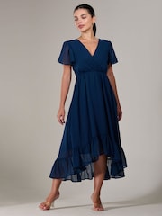 Jolie Moi Dark Navy Petite Petite Long Sleeve Soft Silky Jersey Midi Dress - Image 4 of 5