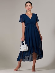 Jolie Moi Dark Navy Petite Petite Long Sleeve Soft Silky Jersey Midi Dress - Image 5 of 5