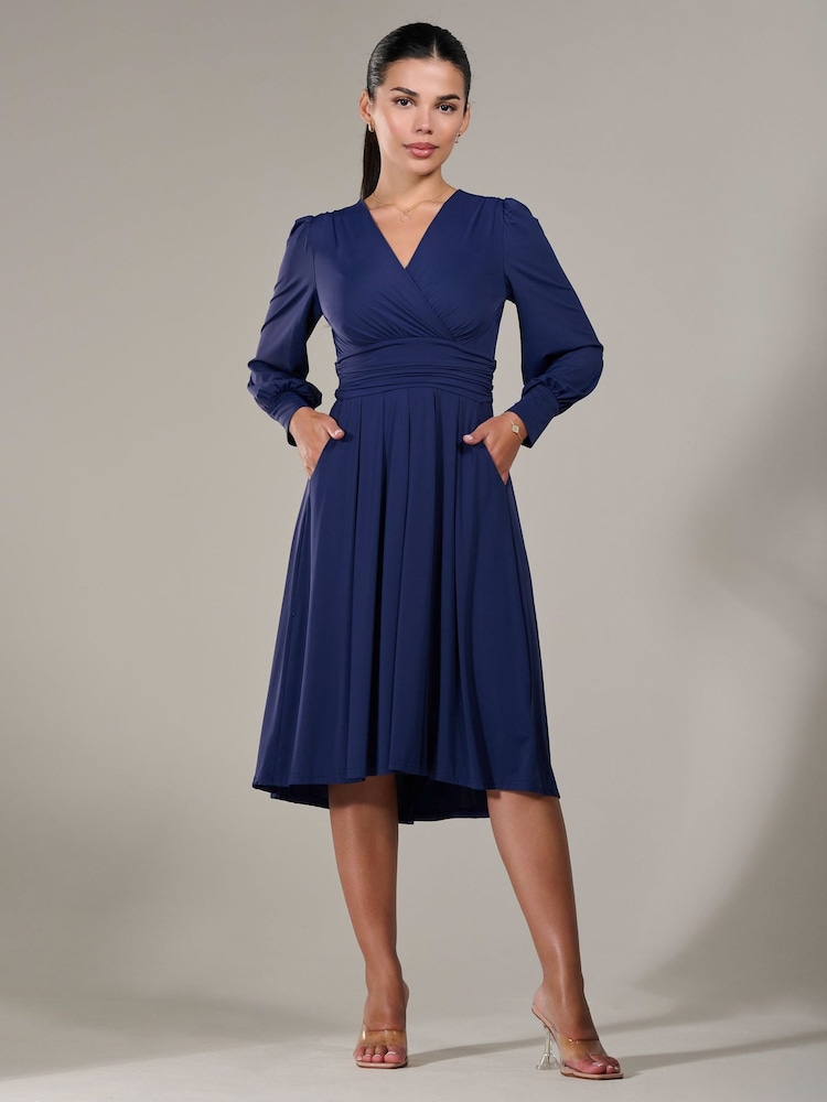 Jolie Moi Blue Petite Petite Long Sleeve Soft Silky Jersey Midi Dress - Image 1 of 6 Jolie Moi Blue Petite Petite Long Sleeve Soft Silky Jersey Midi Dress - Image 1 of 6