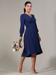 Jolie Moi Blue Petite Petite Long Sleeve Soft Silky Jersey Midi Dress - Image 4 of 6