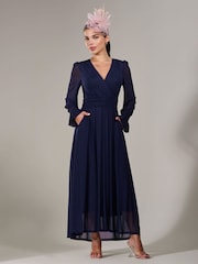 Jolie Moi Navy Petite Petite Long Sleeve Soft Silky Jersey Midi Dress - Image 1 of 6