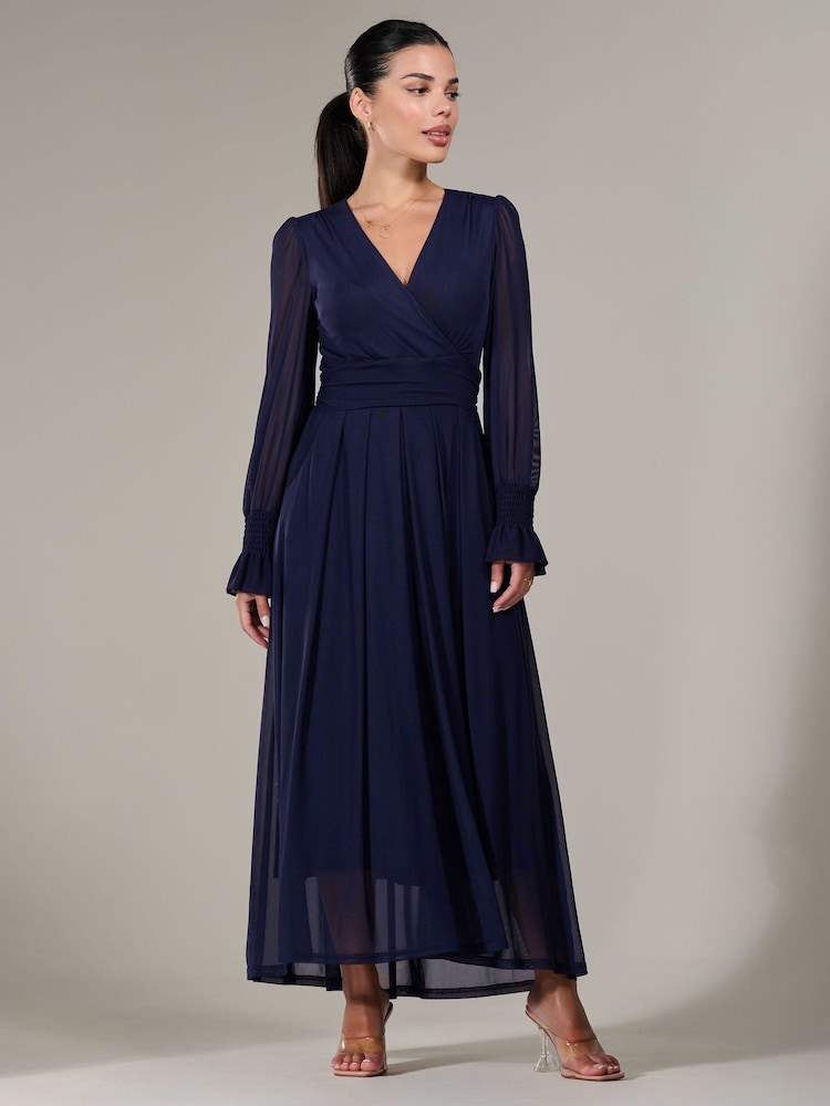 Jolie Moi Navy Petite Petite Long Sleeve Soft Silky Jersey Midi Dress - Image 6 of 6