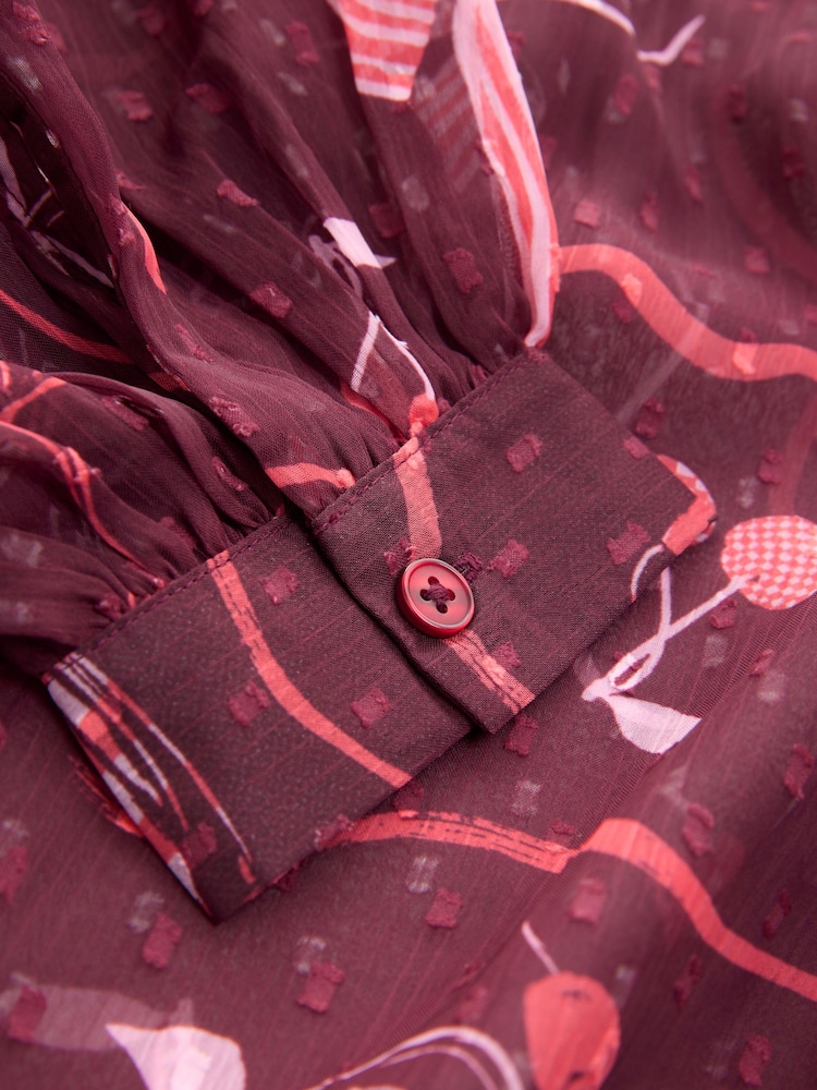 Burgundy Red/Pink Festive Bow Print Tie-Neck Long Sleeve Blouse - Image 3 of 3 Burgundy Red/Pink Festive Bow Print Tie-Neck Long Sleeve Blouse - Image 3 of 3