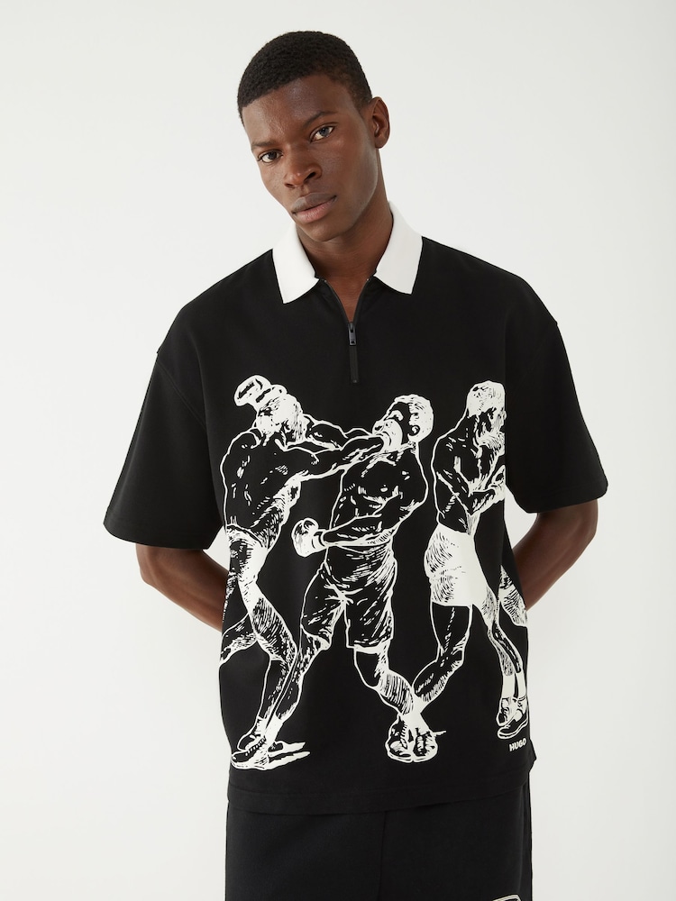 HUGO Black Boxing Print Zip-Up Polo Shirt - Image 1 of 5 HUGO Black Boxing Print Zip-Up Polo Shirt - Image 1 of 5
