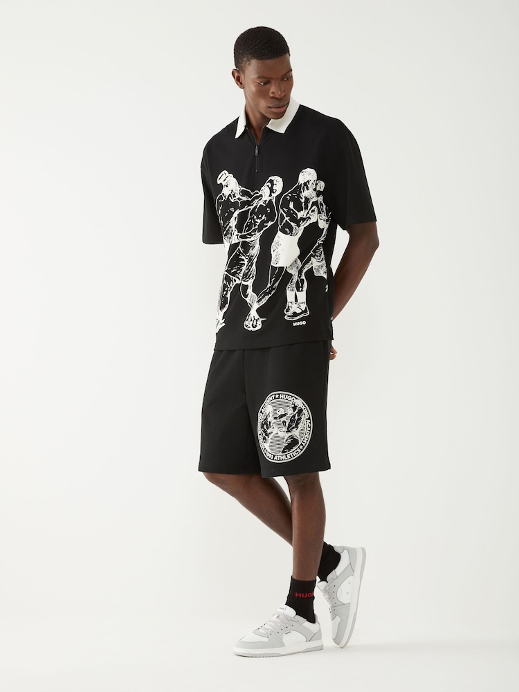 HUGO Black Boxing Print Zip-Up Polo Shirt - Image 2 of 5 HUGO Black Boxing Print Zip-Up Polo Shirt - Image 2 of 5