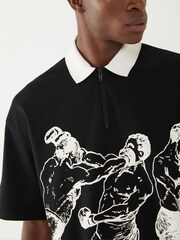 HUGO Black Boxing Print Zip-Up Polo Shirt - Image 4 of 5