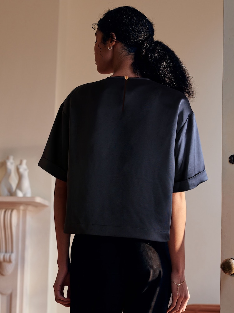 Black Satin Short Sleeve Boxy T-Shirt - Image 2 of 6 Black Satin Short Sleeve Boxy T-Shirt - Image 2 of 6