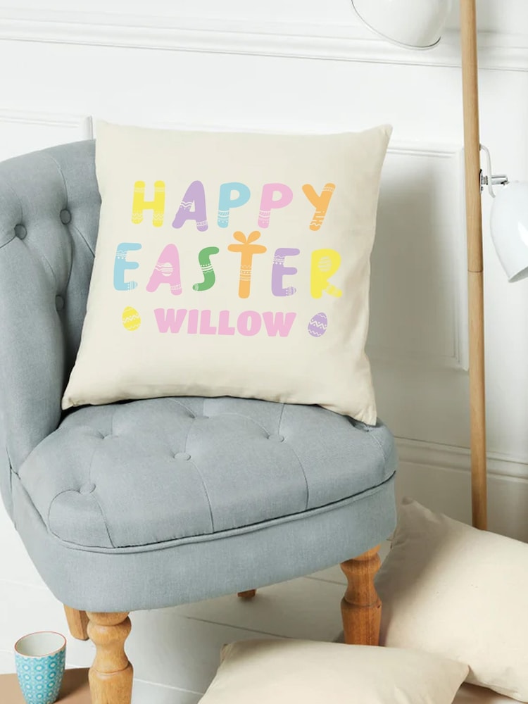 Personalised 100% Cotton Happy Easter Cushion by Loveabode - Image 1 of 4