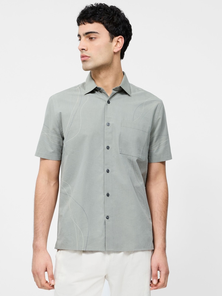 French Connection Grey Cotton Blend Scribble Print Short Sleeve Chest Pocket Button Up Shirt - Image 1 of 5