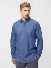 French Connection Blue 100% Cotton Chambray Stripe Long Sleeve Button Up Shirt - Image 1 of 6