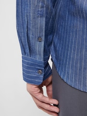 French Connection Blue 100% Cotton Chambray Stripe Long Sleeve Button Up Shirt - Image 6 of 6