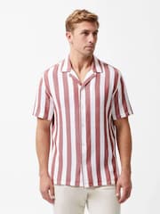 French Connection Red 100% Cotton Waffle-Style Striped Short Sleeve Button Up Shirt - Image 1 of 5
